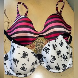Victoria’s Secret PINK Striped Scoop Neck Pushup & Black White Floral Demi Bras